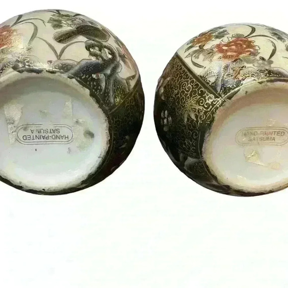 Pair Satsuma Hand-painted Ceramic Urns Vases Ginger Jar ~ Bird and Flower Design - Picture 5 of 5